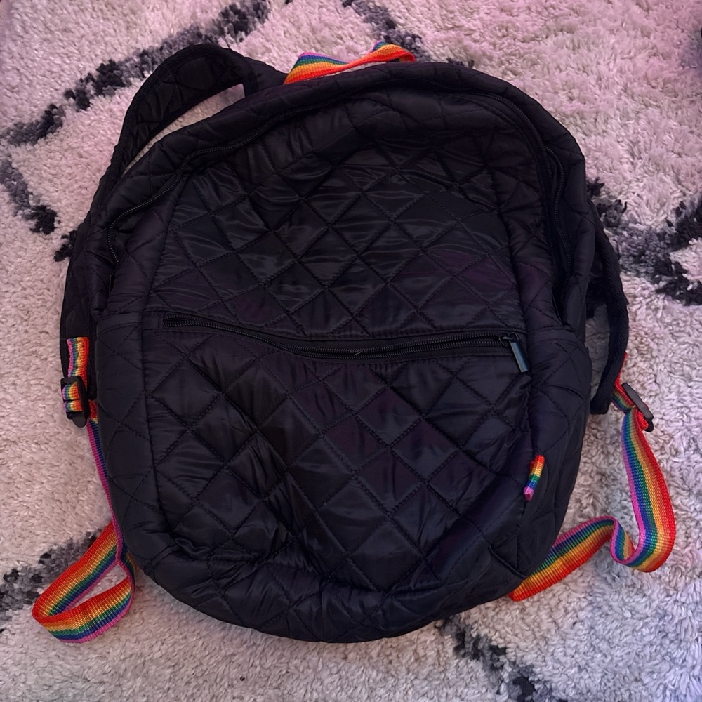 Rainbow Black Quilted Backpack with Multicolor Straps